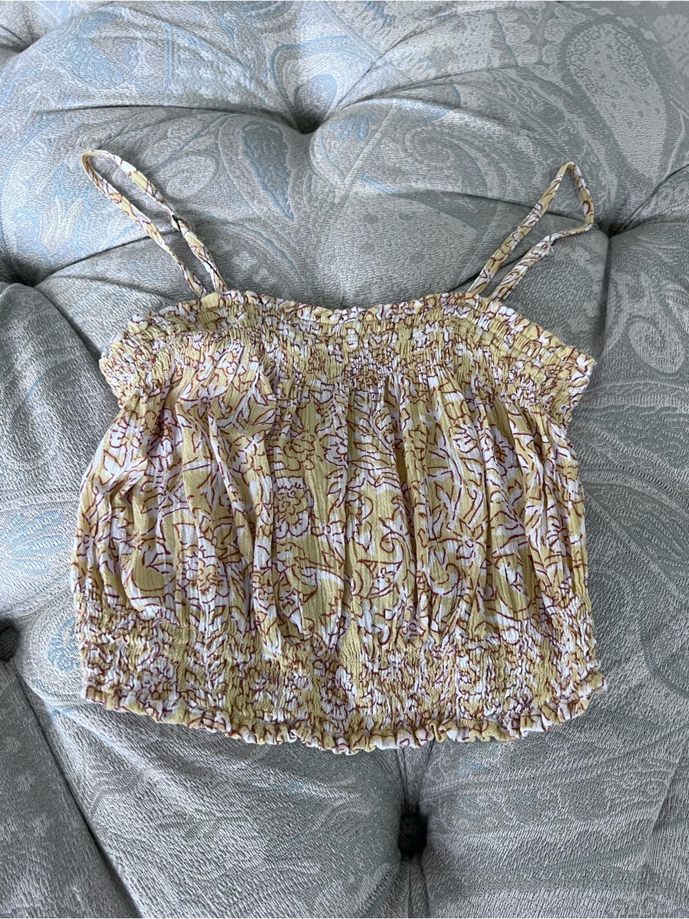 Smocked Floral Cami Tank Top - Yellow Floral with adjustable straps.